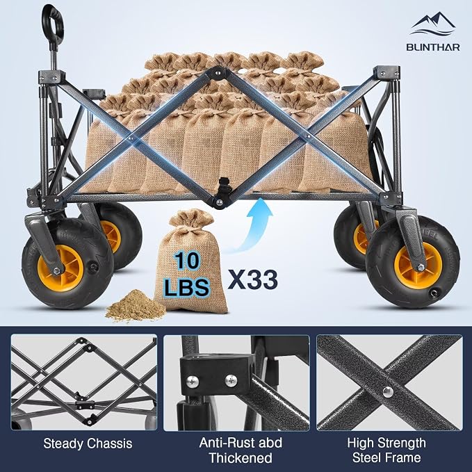 Beach Wagon with Big Wheels for Sand, Heavy Duty Harder Sand Collapsible Folding Wagon with All-Terrain 9" Pneumatic Ballon Tires, Utility Wagon for Garden Sports Camping Outdoor Activities