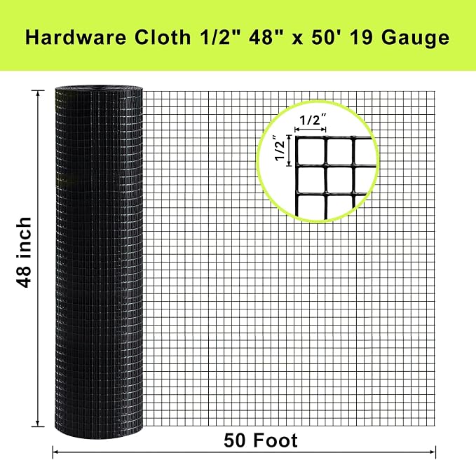 Black Hardware Cloth 48'' x 50' 1/2 inch Mesh 19 Gauge - PVC Coating Wire Mesh Rolls Vinyl Coated Wire Fence Roll Garden Fencing Chicken Run Mesh Screen