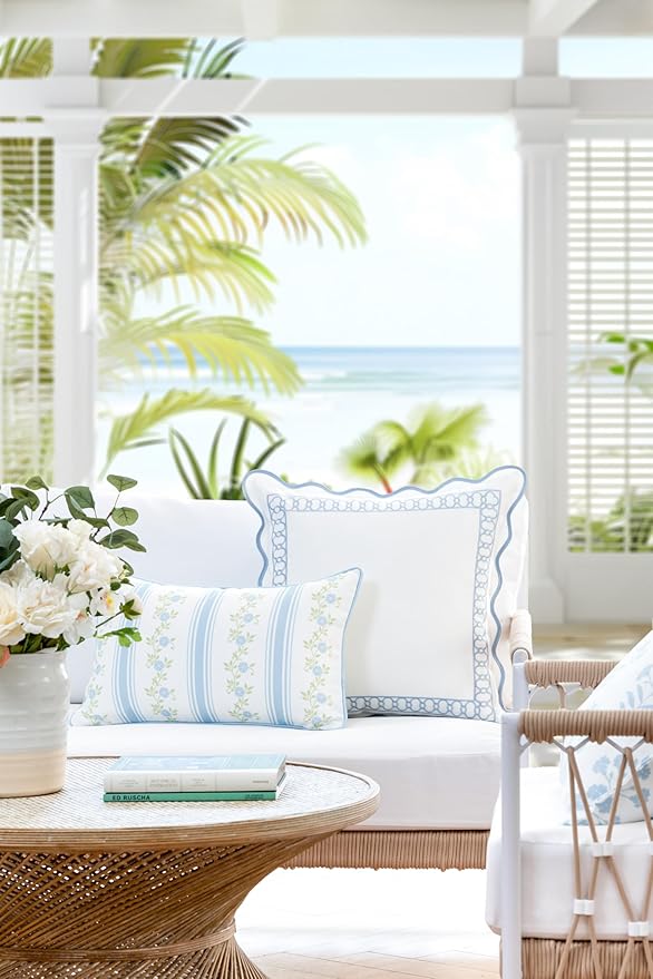 Hofdeco Premium Coastal Patio Indoor Outdoor Lumbar Pillow Cover Only, 12"x20" Water Repellent for Backyard, Couch, Baby Blue Print Stripe Floral