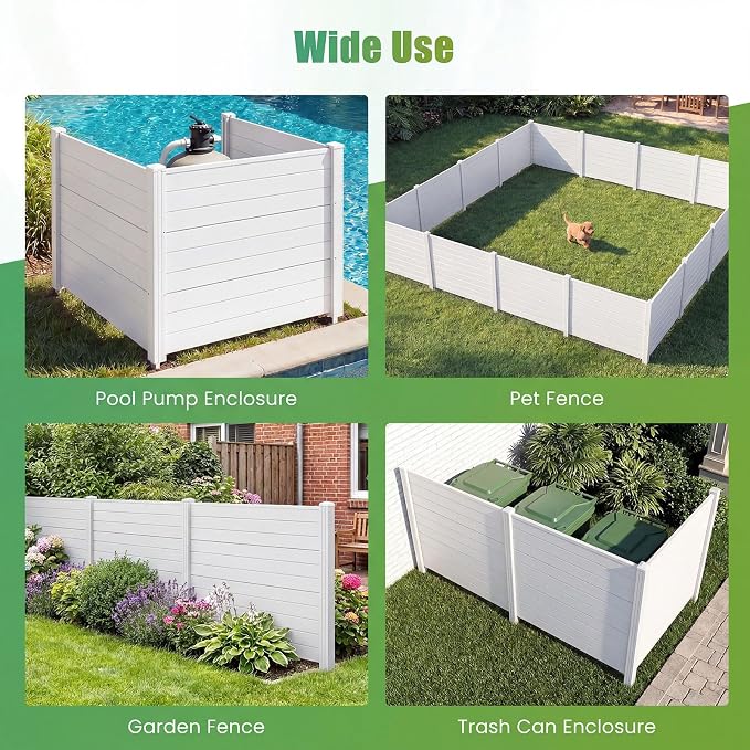 HAPPYGRILL Air Conditioner Fence, 3 Panels Outdoor Privacy Screen with Metal Stakes, No Dig Pool Equipment Enclosure, 48" x 38" Trash Can Screen Fence Kit for Outside Backyard, White