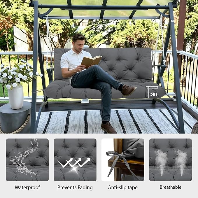 5" Thick Waterproof Porch Swing Cushion 70 x 40 in 3 Seater Replacement Outdoor Swing Cushions with Back Support Patio Swing Cushion for Outdoor Bench Furniture