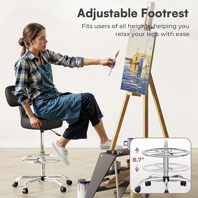 SUPERJARE Drafting Chair with Back, Set of 3, Swivel Barstools, Adjustable Height Rolling Stool with Footrest, Standing Desk Chair for Counter Height Desk, Shop, Home & Kitchen, Clinic & Studio, Black