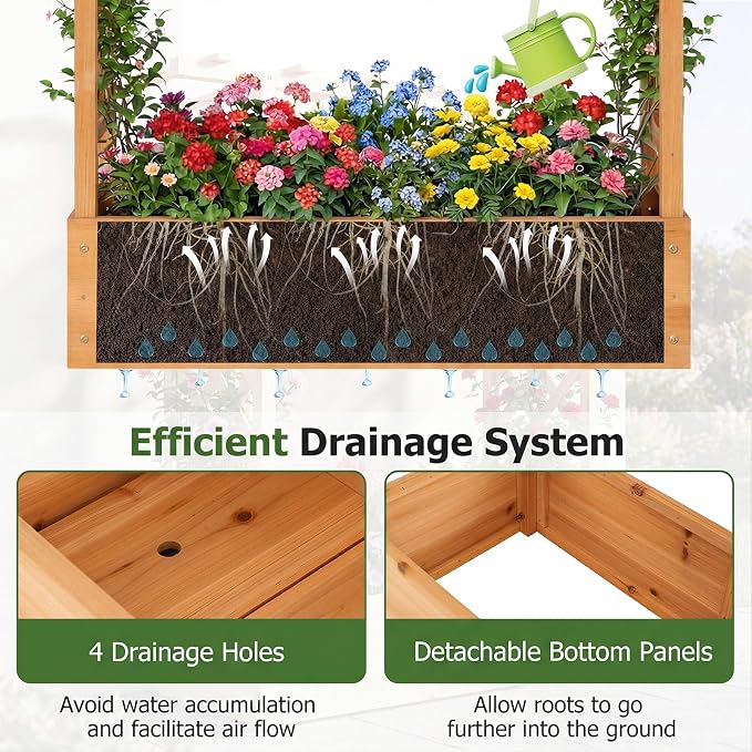 HAPPYGRILL Raised Garden Bed with Trellis & Hanging Roof, 45" Tall Wooden Planter Box with Drainage Holes, Outdoor Wood Elevated Garden Bed for Climbing Plants Vines Vegetables Flowers (Orange,1)