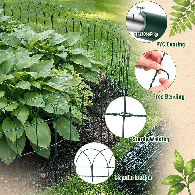 Roowest 16" x 50' Green Garden Border Fence, Metal Wire Folding Fence Roll for Outdoor Yard, Patio & Flower Bed Edging, No-dig Animal Barrier, Rustproof Decorative Landscape Fencing