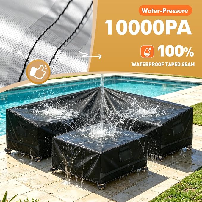 Patio V-Shaped Sectional Sofa Cover and Patio Table Cover Waterproof, 2PCS 420D Patio Furniture Covers, Fit 5-Seater Outdoor Sectional Furniture Couch and Tables, Triple Windproof and Anti-UV, Black