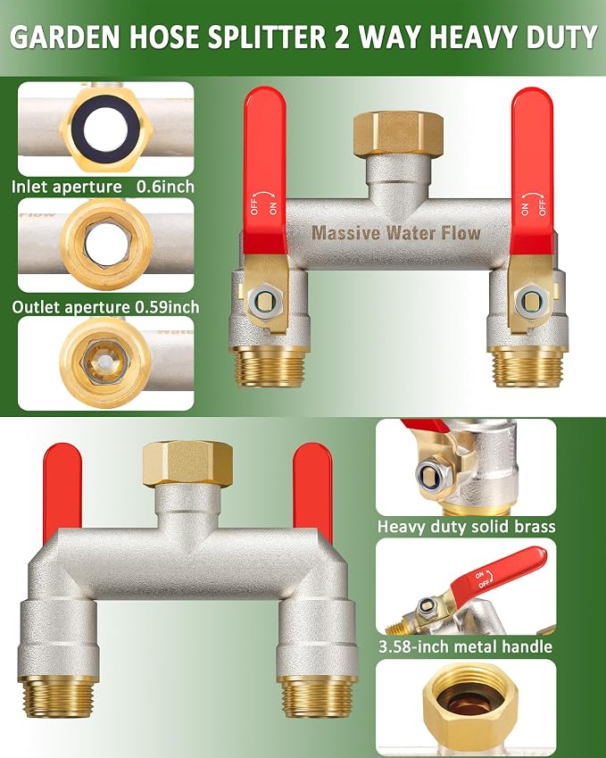 Hose Splitter 2 Way Heavy Duty, Garden Hose Splitter with 304 Stainless Steel Long Handle, Full Flow Brass Nickel Plated Water Hose T Spigot Splitter Adapter Connector, 3/4 - Inch GHT Thread (Red)