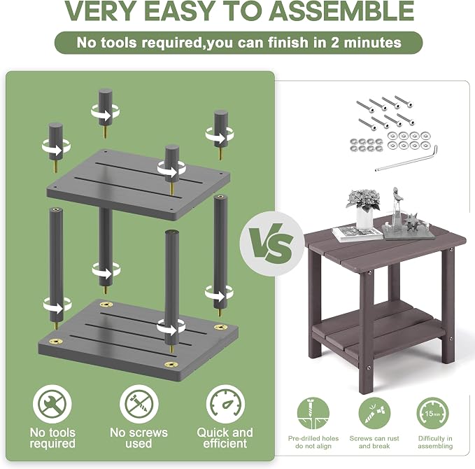 LEJANEOYE Outdoor Side Table, 2-Tier Small Outdoor Table for Patio, Adirondack Side Tables for Outside or Indoor, Bamboo End Table for Pool, Porch, Weather Resistant Easy Maintenance-Gray