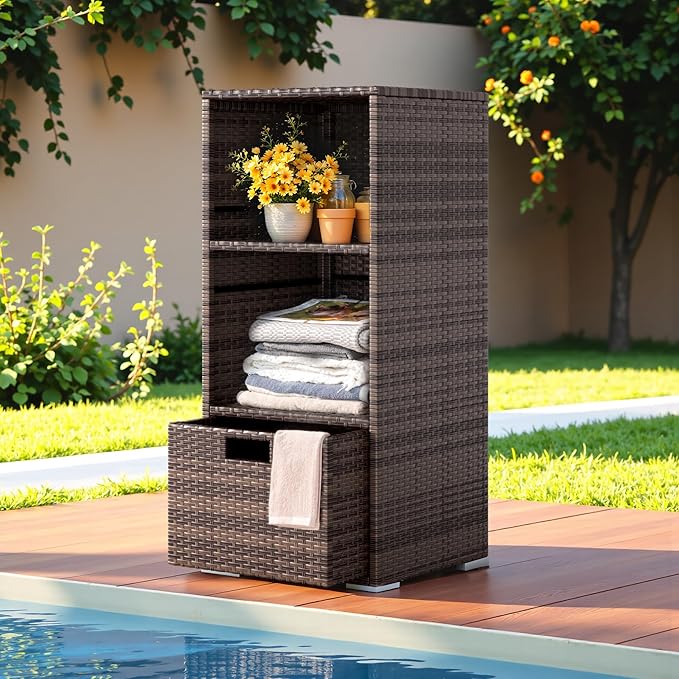 Greesum Rattan Storage Shed, Outdoor Towel Rack with 2 Storage Shelves & 1 Bottom Drawer, Suitable for Pool Patio Garden Deck, Brown