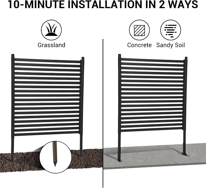 IDEALHOUSE 48"×59" Outdoor Privacy Screen, Freestanding Galvanized Steel & PE Slat Divider, 2-Way Installation Decorative Fence for Trash Can Patio Backyard Garden, Black