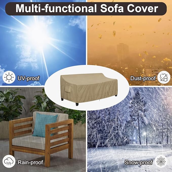 PureFit Outdoor Couch Cover Waterproof Patio Sofa Furniture Covers, 4-Seater Outdoor Cover with Air Vent and Handles, 104W x 40D x 35H Inches, Camel