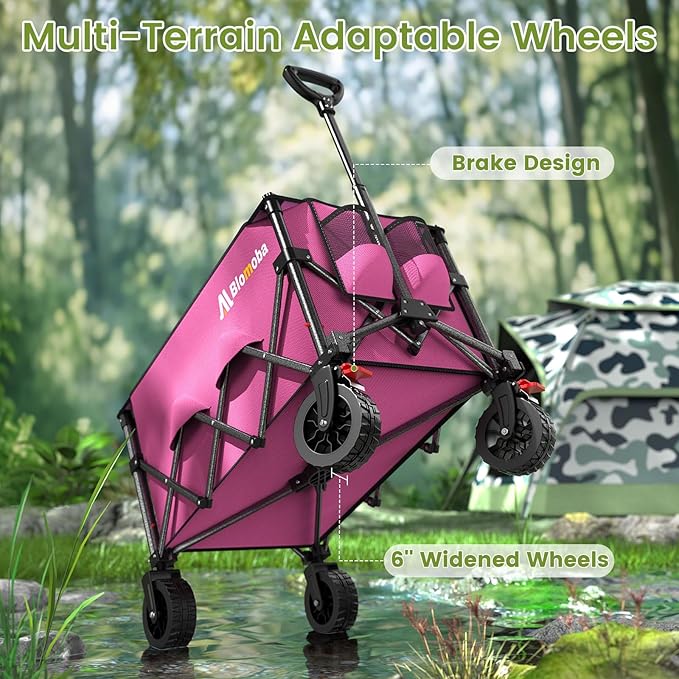 Blomoba Collapsible Wagon Cart, 150L Heavy Duty Foldable Beach Wagon with Wider Wheels & Auto-Rebound Handle, Utility Grocery Shopping Cart for Garden, Shopping, Camping, Sports, Pink