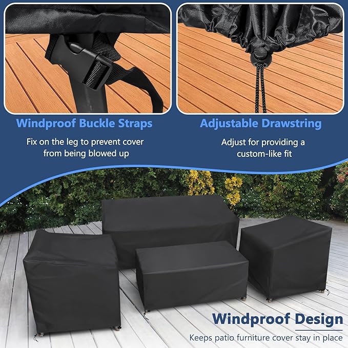 STARTWO Outdoor Furniture Cover Waterproof, 4 Piece Patio Furniture Set Cover 400D for Outside Couch, Lawn Chairs, Coffee Table, Windproof with Buckle Strap, Black