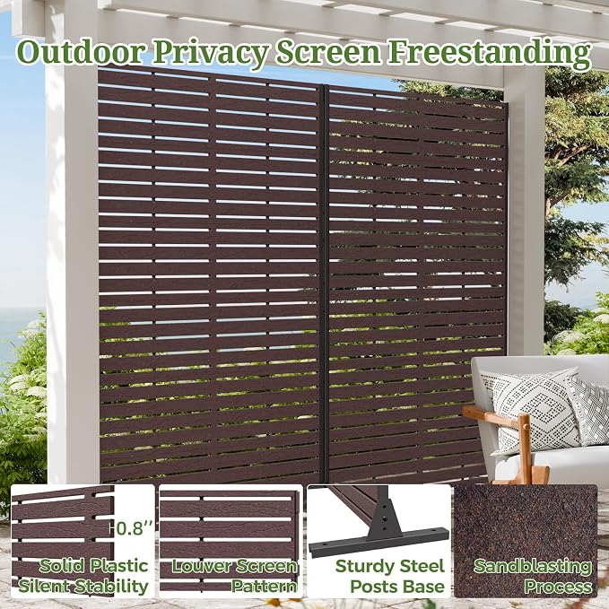 Privacy Screen Outdoor 72" Hx47 W Freestanding Privacy Panel with Stand, HDPE Decorative Privacy Fence with Sandblasting Louver Pattern, Patio Divider Screen, Privacy Screens for Outside