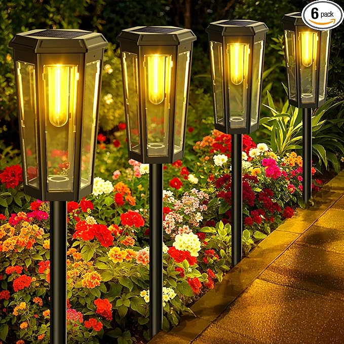 KINKAI Solar Pathway Lights Outdoor - 6 Pack Taller Garden Lights Bright LED Driveway Light Solar Powered Edison Bulb Landscape Lighting for Outside Walkway Patio Sidewalk Yard (Warm Light)