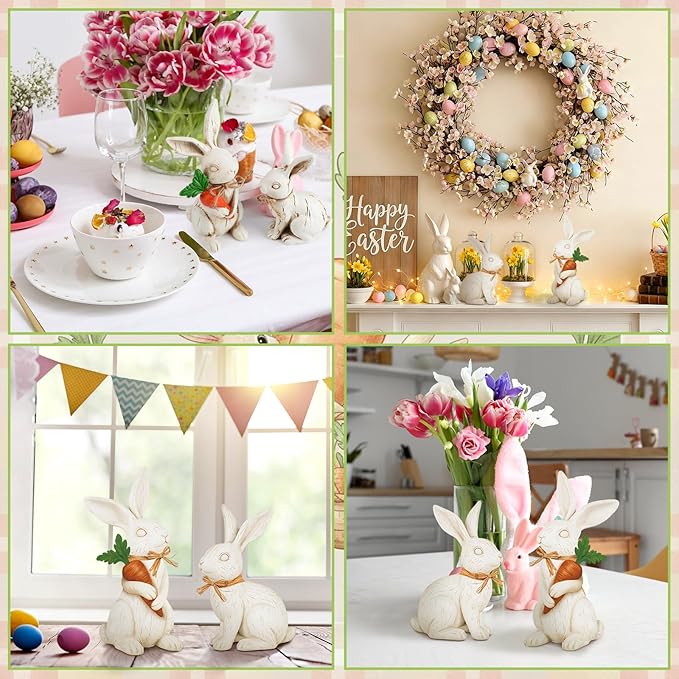 Simgoing 2 Pcs Easter Bunny Figurines Decorations Rabbit Resin Statues Easter Figure Statues Beige Rabbit Figurines Decorations for Holiday Vintage Farmhouse Home Table Centerpieces Ornament Gifts