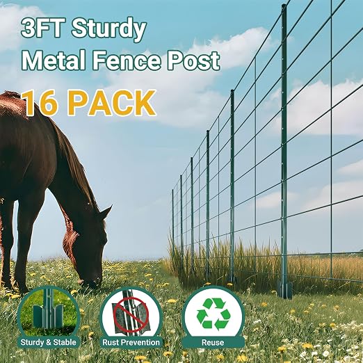 Metal Fence Posts 3 FT, Pack of 16 Green Heavy Duty U Posts, No Dig T Posts for Fences Wire Mesh, Perfect for Temporary Fencing, Electric Fence Wire, Corner Anchor