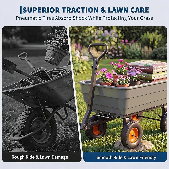 1200 lb Poly Garden Dump Cart, Wheelbarrow Yard Cart with 13 in Wheels, Quick-Dump & Towable Utility Wagon with Convertible Handle for for Yard, Soil, Rocks（Gray）