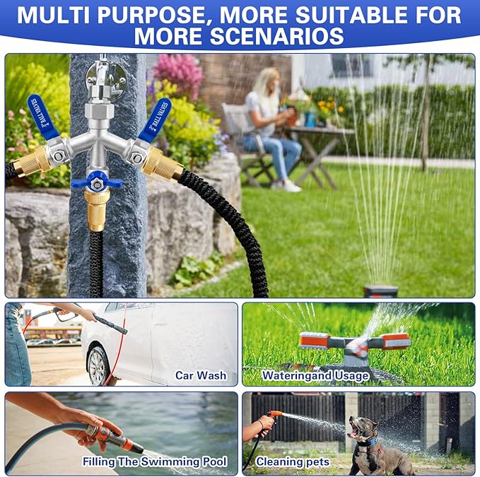 Garden Hose Splitter 3 Way, Heavy Duty 304 Stainless Steel Hose Splitter with Shut-off Valves, Full Flow Garden Water Hose Bib Spigot Splitter, 3/4'' GHT Thread Outdoor Faucet Splitter