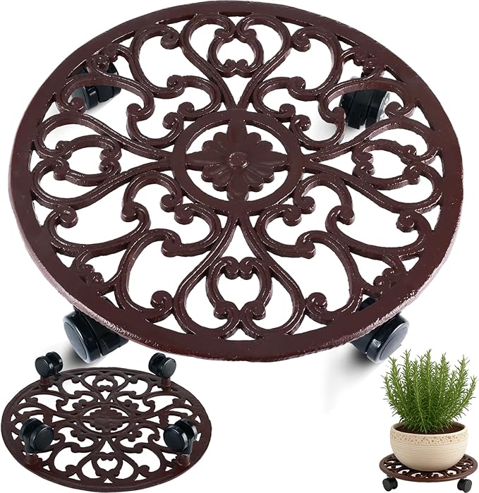1 Packs 14 Inch Rolling Plant Stand with Wheels Metal Plant Caddy with Wheels Heavy Duty Round Plant Stand Indoor Iron Plants Rollers for Plants, Plant Dolly Brown