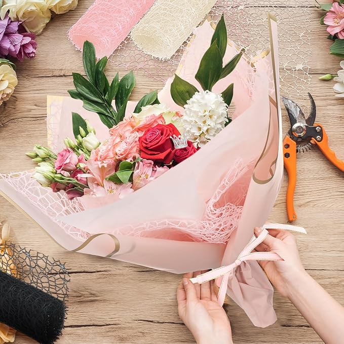 Qilery 334 Pcs Flower Wrapping Paper Set,153 Waterproof Floral Bouquet Wrapping Paper,72 3D Gold Butterfly Decoration,100 Pins, 6 Crowns and 3 Ribbons for DIY Craft(Elegant Color)