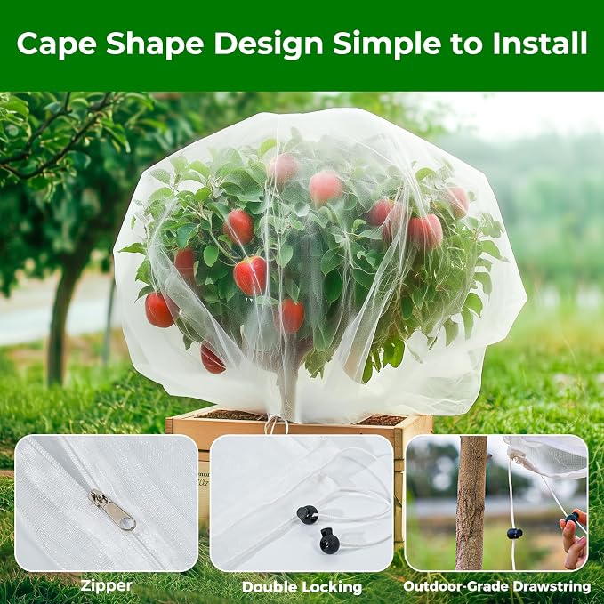 Fruit Tree Netting with Zipper & Drawstring - 4'x6' Garden Plant Net Pest Barrier 0.16 oz/ft to Prevent Cicadas Bird Squirrel Deer - Bug Protection for Blueberry Tomato with Fine Mesh Insect Cover