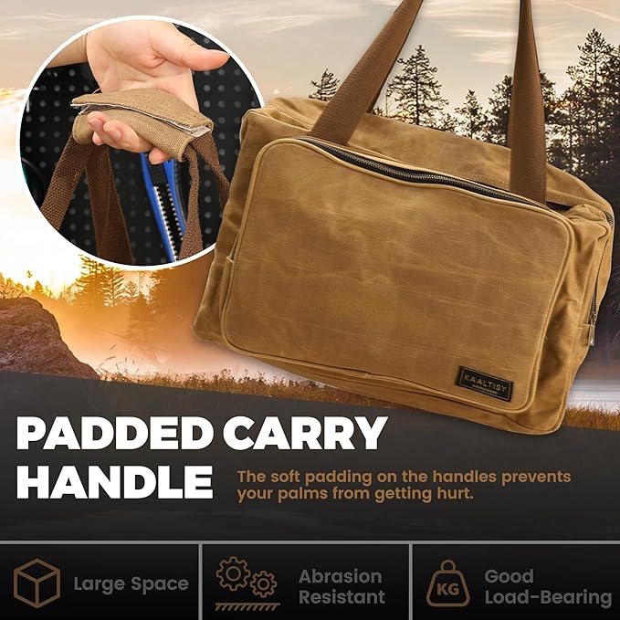 Tool Tote Bag - Large Capacity Tool Carrying Bag with 2 Zipper Pouches, Sustainable 16OZ Waxed Canvas Garden Tote for Gardening Set Hammer Fishing Gear Goggles - Khaki - 15.5"L x 7.5"W x 11.5"H