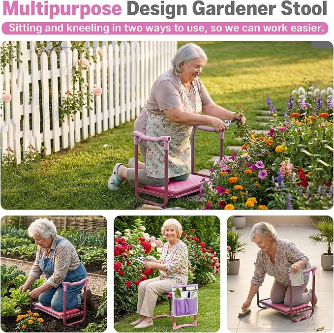 Garden Kneeler and Seat Heavy Duty, Foldable Gardening Stool Bench with Widened Thick Soft Kneeling Pad and Tool Pouches - 2-in-1 Portable Kneeling Device for Seniors (Purple)
