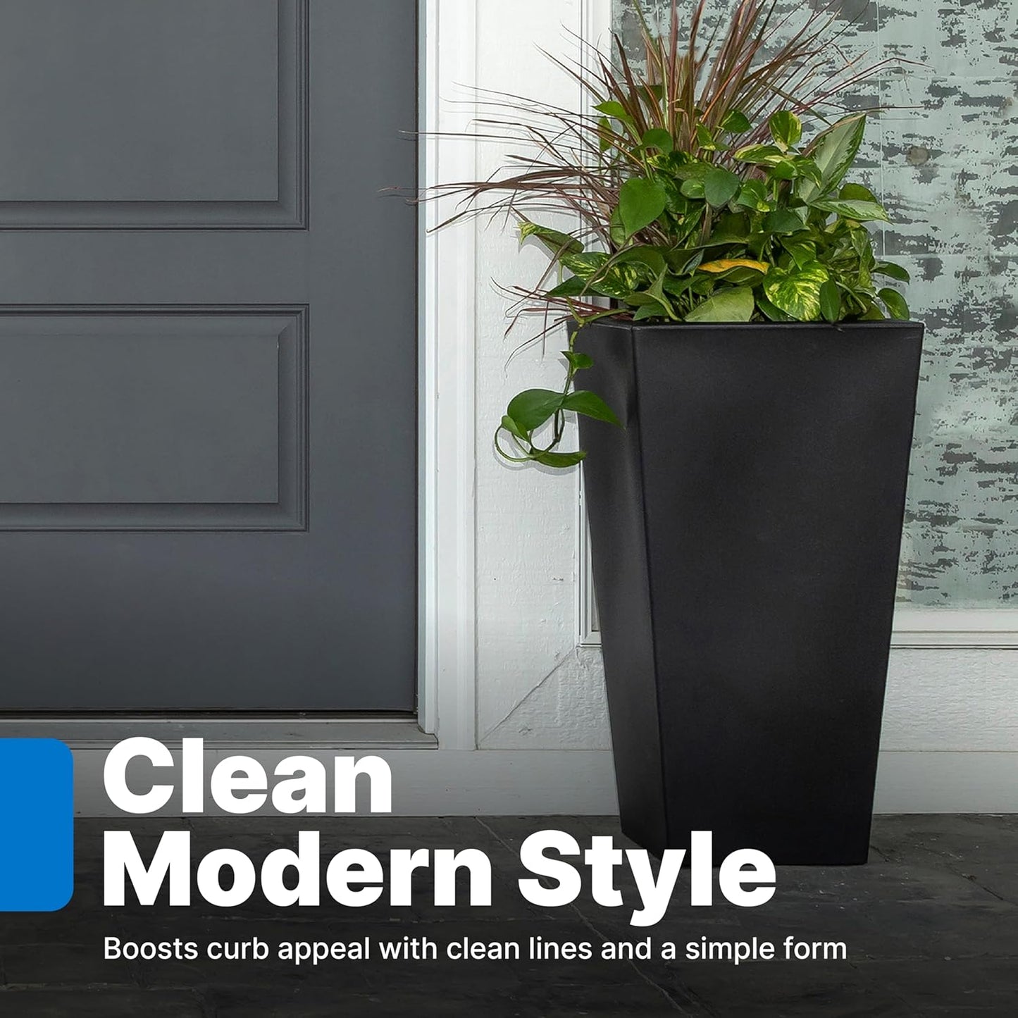 Step2 Tremont Tall Square Tapered Planter, Large Planters for Outdoor Plants, Gardening and Flower Pot for Patio or Porch, Efficient Drainage, Durable Plastic, Onyx Black, 1-Pack