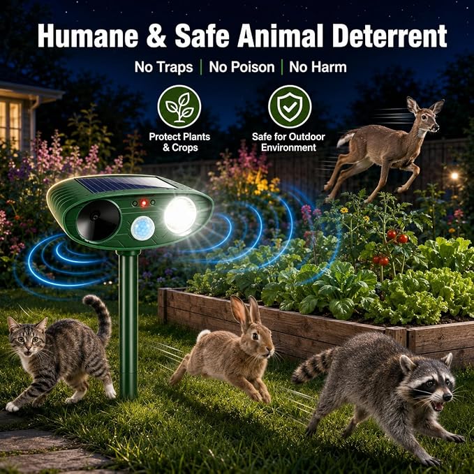 2 Pack Upgraded Sonic Deer Repellent Devices,Solar Ultrasonic Animal Repeller Outdoor for Racoons,Squirrels,Cats,Rabbits &Foxes,Waterproof Flashing Light Motion Sensor Animal Deterrent for Garden Yard