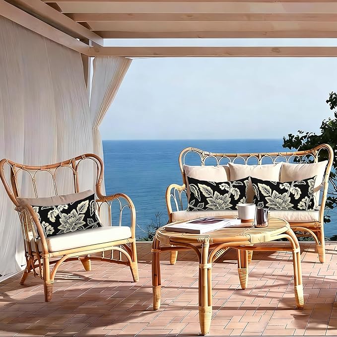 LVTLVTXIII 12×20 Inch Outdoor Lumbar Pillows, Pack of 2 Water Repellent Lumbar Pillow with Inserts, Fluffy Decorative Garden Lumbar Cushions for Home Patio Coach Sofa Use, Elegant Vines Black