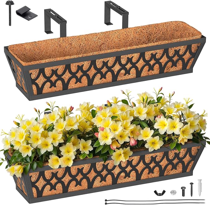 2 Pack Window Box Railing, 24IN Black Metal Hanging Flower Planter Basket with Coco Liner for Outdoor Balcony Porch Fence Patio for Home, Office and Hotel (Black)