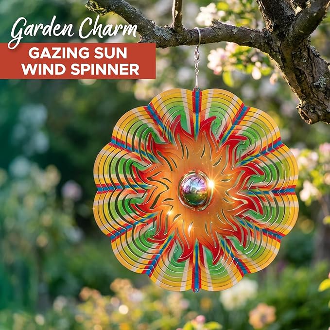 Garden Decor Sun Wind Spinner – 12-in Gazing Sun Hanging Decoration for Yard and – Boho Multicolored Ornament Spinner for Outdoor