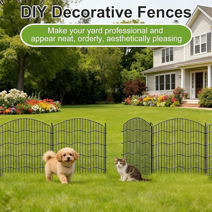 10-Panel No Dig Garden Fence, 31in(H) x24ft(L) Black Metal Animal Barrier, Dog Fence Outdoor for Yard, Temporary Decorative Fencing Border for Rabbits, Patio