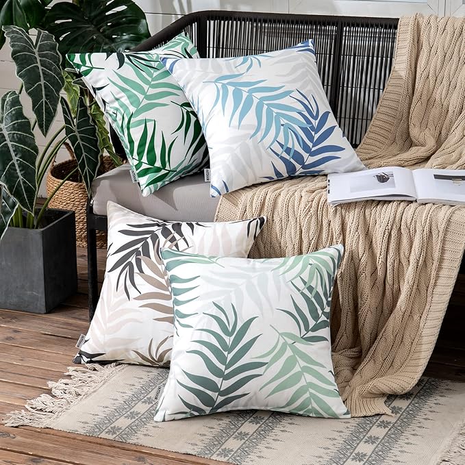 MIULEE Pack of 2 Decorative Outdoor Waterproof Throw Pillow Covers Patio Pillow Cases Natural Leaves Pattern Spring Square Cushion Shams Shell for Garden Balcony Couch 20x20 Inch, Greyish Green