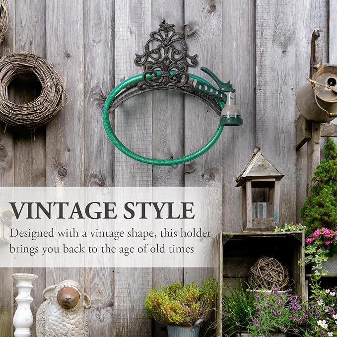 MyGift Wall Mounted Garden Hose Holder, Decorative Vintage French Floral Scrollwork hose Reel Hanger, Dark Coffee Cast Iron Water Hose Storage Rack