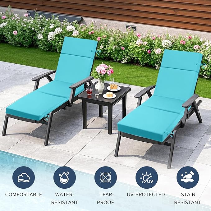 2 Pcs Outdoor Chaise Lounge Cushion 72" x 21" x 3", 4-Section Folding Patio Lounge Chair Cushion with Ties, Waterproof & Fade Resistant Replacement Cushion for Pool, Patio, Deck (Teal, 2 Pcs)