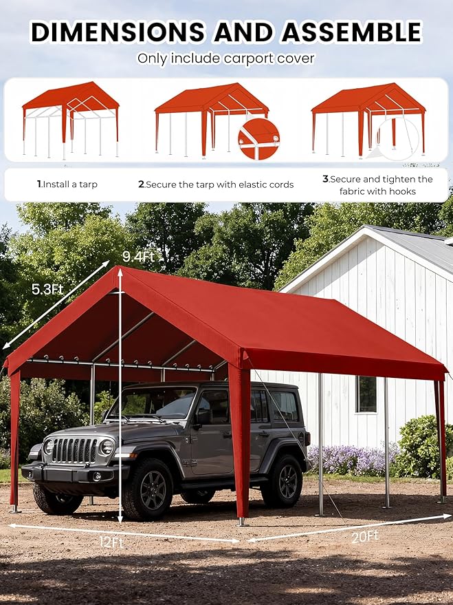 12 x 20 Ft Carport Replacement Cover, Heavy Duty Outdoor Car Tarp Canopy, Waterproof & UV Protected Tear Oxford Tarp with Ball Bungees (Frame is Not Included)