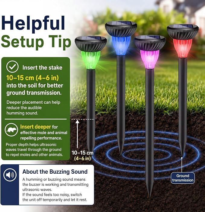 6 Pack Solar Ultrasonic Animal Repellent with RGB Color-Changing Lights, 360° Sonic Pest Deterrent for Outdoor Lawn & Garden, Solar Powered Mole, Gopher & Snake Repellent Stakes