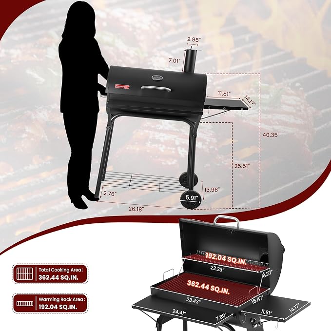 Barrel Charcoal Grill, 554 Sq.In Large BBQ Grill & Smoker with Warming Rack, 4-Position Charcoal Pan, Thermometer, Side & Front Tables, Wheels for Outdoor Backyard Patio