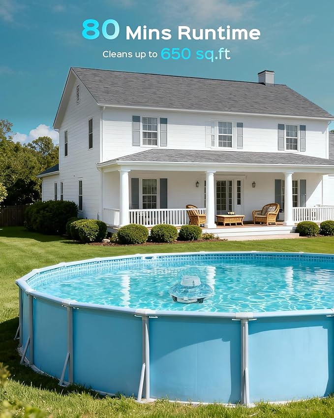 Cordless Robotic Pool Cleaner, Lasts 80 Min, Automatic Vacuum for Above-Ground Pools up to 650 Sq.ft,Portable, Self-Parking(Transparent Blue White)
