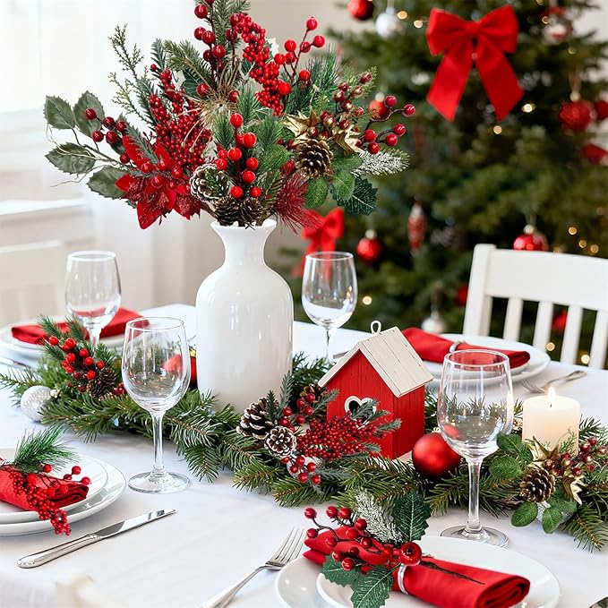 Christmas Floral Flowers Picks Artificial Red Berry Stems with Pinecones Pick and Sprays for Christmas Tree Wreath Winter Car Room Holiday Decorations 9 Pack