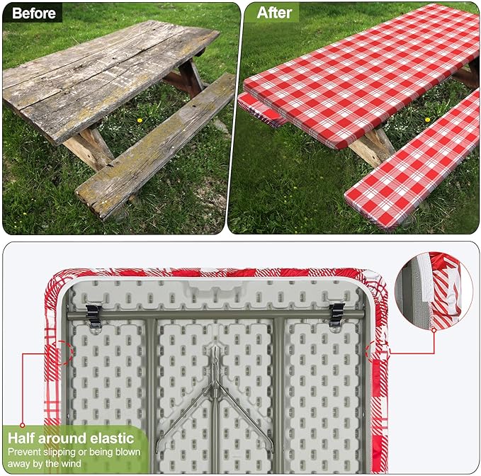 Play Tailor Picnic Table Cover with Bench Covers Camping Essentials Waterproof Windproof Camping Tablecloth with Drawstring Bag, Fitted Rectangle Tables and Seats, 72in, Red Checkered