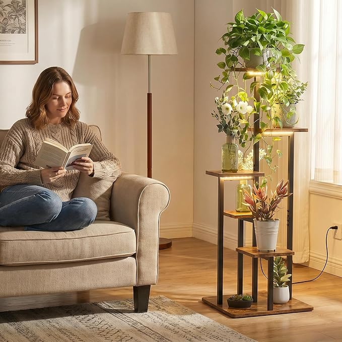 5 Tier Plant Stand Indoor with Grow Light for Multiple Plants | Corner Flower Stand with Vintage Design, Multi-Layer Plant Shelf, Sturdy Build, Ideal for Living Room & Indoor Plant Display