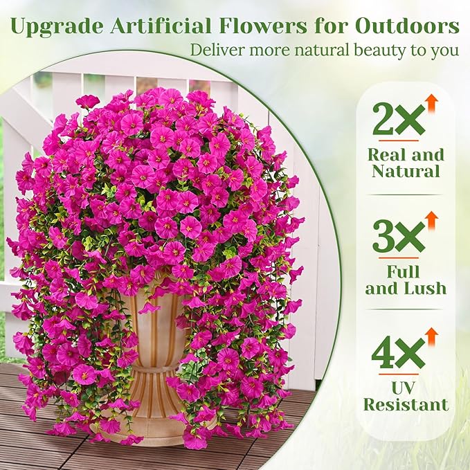 MARTINE MALL 8 Pcs Look Real Artificial Flowers for Outdoors, Realistic Artificial Hanging Flowers for Outdoors, UV Resistant Fake Hanging Plants Silk Petunia Faux Flowers for Porch Patio, Fuchsia