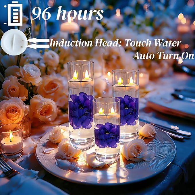 24 Pack Flameless Floating Candles and Floating Artificial Flower Led Battery Operated Waterproof Floating Candles Tea Lights for Vases Centerpieces at Wedding, Party, Pool Decor Purple