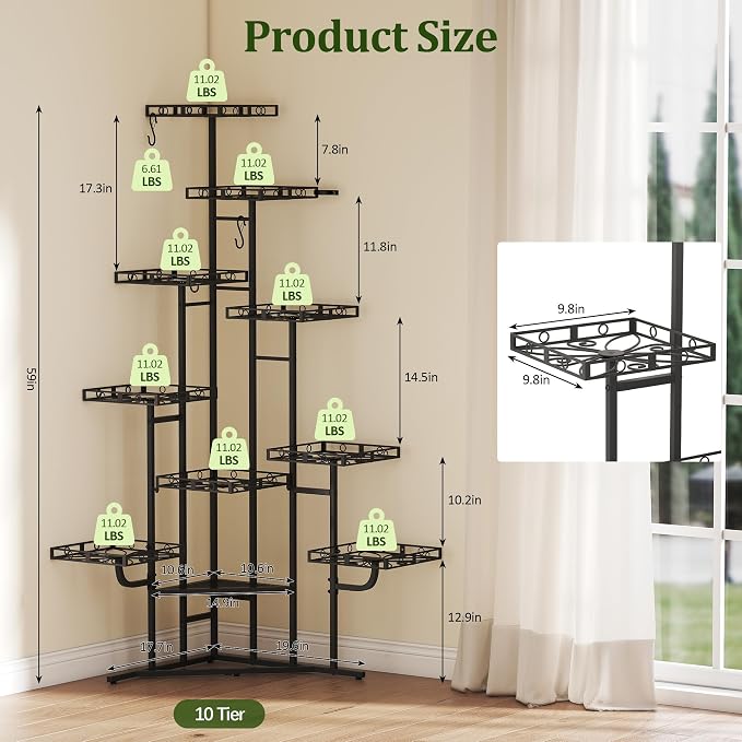 Quikraen 58" Tall Plant Stand Indoor, 10-Tier, Black | Corner Flower Stand Outdoor Metal Plant Stand