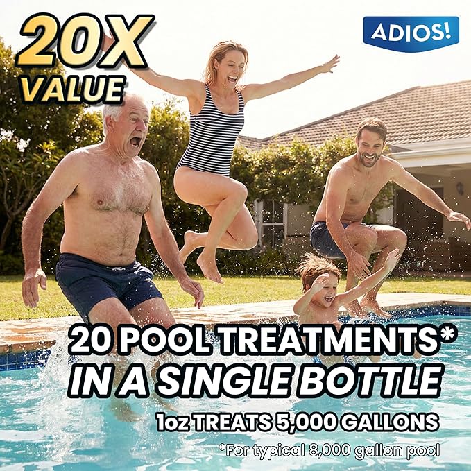 Adios! 20X Pool Cleaner and Clarifier – Restores Cloudy and Hazy Water for Above Ground and Inground Pools – Twenty Treatments per 32oz Bottle