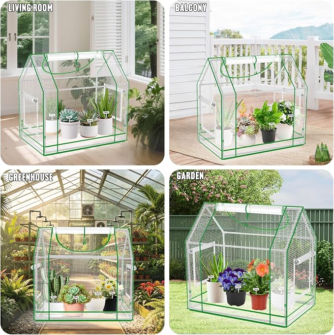 Mini Greenhouse Indoor with Waterproof PE Bottom Mat, 27.5x19.6x27.1in Tabletop Greenhouse for Seed Starting, Portable Small Greenhouse for Outdoors, Multi-Window Design & 4 304 Stainless Steel Labels