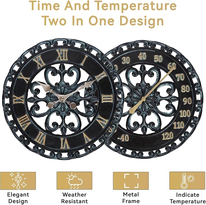 Lily's Home Hanging Verdigris Wall Clock and Dial Thermometer Set, Ideal for Indoor and Outdoor Use, Makes a Great Housewarming Gift, Black (13 Inches)