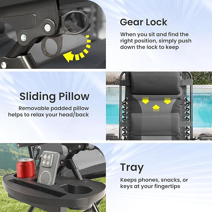 Zero Gravity Chair Oversized Padded Recliner with Adjustable Headrest & Cup Holder - XL 600D Oxford Folding Lounge Chair for Outdoor Camping, Patio, Poolside (Upgraded Black & Gray)